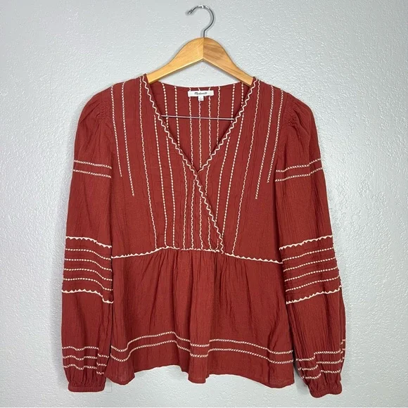 Madewell Embroidered Faux-Wrap Top Women's Size S Surplice Neckline Long sleeves - Picture 6 of 11